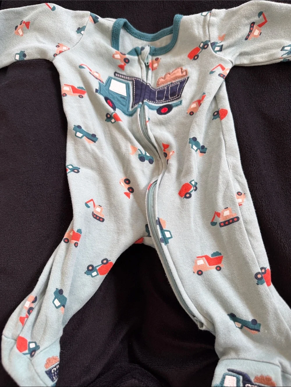 Cozy Light Green Construction-Print Footed One-Piece for Kids